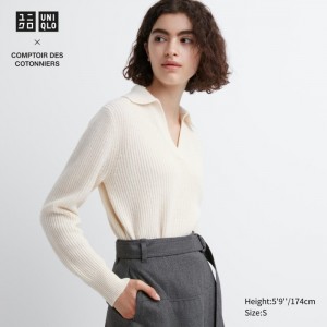 Sweter Damskie Uniqlo Premium Lambswool Long-Sleeve Polo Białe,Uniqlo Polska | L903297
