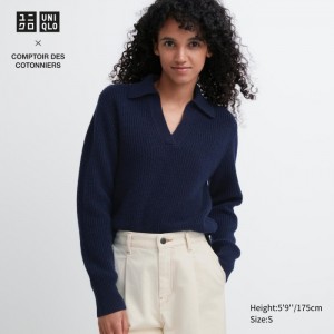 Sweter Damskie Uniqlo Premium Lambswool Long-Sleeve Polo Granatowe,Uniqlo Polska | D806071