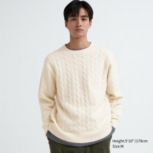 Sweter Damskie Uniqlo Souffle Yarn Cable Crew Neck Long-Sleeve Białe,Uniqlo Polska | J829394