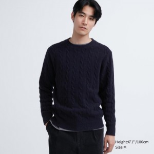 Sweter Damskie Uniqlo Souffle Yarn Cable Crew Neck Long-Sleeve Granatowe,Uniqlo Polska | H792946