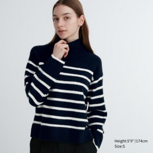 Sweter Damskie Uniqlo Souffle Yarn Striped High Neck Long-Sleeve Granatowe,Uniqlo Polska | B216130
