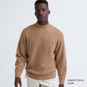 Sweter Męskie Uniqlo 3D Knit Souffle Yarn Mock Neck Long-Sleeve Brązowe,Uniqlo Polska | U023075
