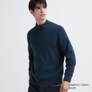 Sweter Męskie Uniqlo 3D Knit Souffle Yarn Mock Neck Long-Sleeve Niebieskie,Uniqlo Polska | I924254