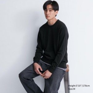 Sweter Męskie Uniqlo Extra Fine Merino Crew Neck Long-Sleeve Czarne,Uniqlo Polska | O418243