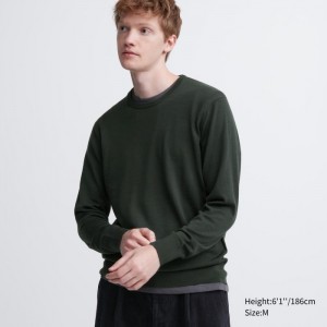 Sweter Męskie Uniqlo Extra Fine Merino Crew Neck Long-Sleeve Oliwkowe,Uniqlo Polska | D195584