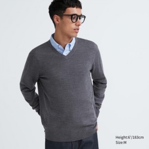 Sweter Męskie Uniqlo Extra Fine Merino V-Neck Long-Sleeve Szare,Uniqlo Polska | P992715