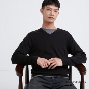 Sweter Męskie Uniqlo Extra Fine Merino V-Neck Long-Sleeve Czarne,Uniqlo Polska | I722912