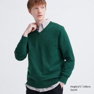 Sweter Męskie Uniqlo Extra Fine Merino V-Neck Long-Sleeve Zielone,Uniqlo Polska | Z840368