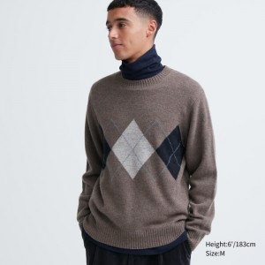 Sweter Męskie Uniqlo Premium Lambswool Crew Neck (Argyle) Brązowe,Uniqlo Polska | J684334