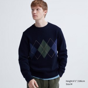 Sweter Męskie Uniqlo Premium Lambswool Crew Neck (Argyle) Granatowe,Uniqlo Polska | D950861