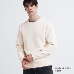 Sweter Męskie Uniqlo Premium Lambswool Crew Neck Białe,Uniqlo Polska | C660832
