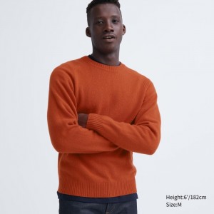 Sweter Męskie Uniqlo Premium Lambswool Crew Neck Pomarańczowe,Uniqlo Polska | S199489