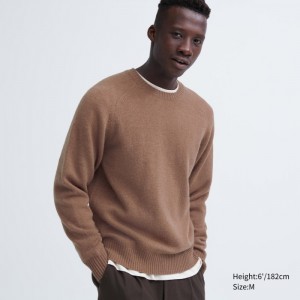 Sweter Męskie Uniqlo Premium Lambswool Crew Neck Brązowe,Uniqlo Polska | L567524