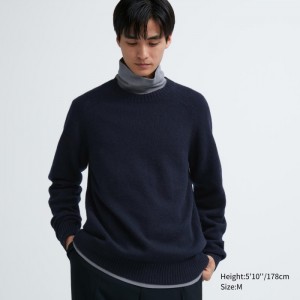 Sweter Męskie Uniqlo Premium Lambswool Crew Neck Granatowe,Uniqlo Polska | R788829