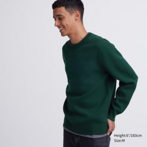 Sweter Męskie Uniqlo Washable Milano Ribbed Crew Neck Long-Sleeve Ciemny Zielone,Uniqlo Polska | G611717