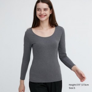 Undershirts Damskie Uniqlo HEATTECH Cotton Scoop Neck Long-Sleeve T-Shirt (Extra Warm) Ciemny Szare,Uniqlo Polska | P272670