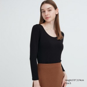 Undershirts Damskie Uniqlo HEATTECH Cotton Scoop Neck Long-Sleeve T-Shirt (Extra Warm) Czarne,Uniqlo Polska | U435329