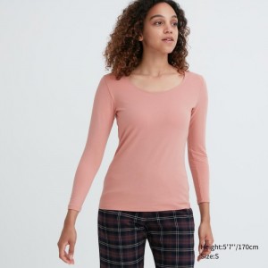 Undershirts Damskie Uniqlo HEATTECH Cotton Scoop Neck Long-Sleeve T-Shirt (Extra Warm) Różowe,Uniqlo Polska | P628037