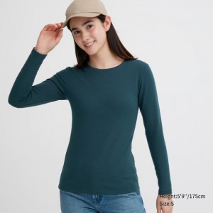 Undershirts Damskie Uniqlo HEATTECH Cotton Crew Neck Long-Sleeve T-Shirt (Extra Warm) Ciemny Zielone,Uniqlo Polska | K401976