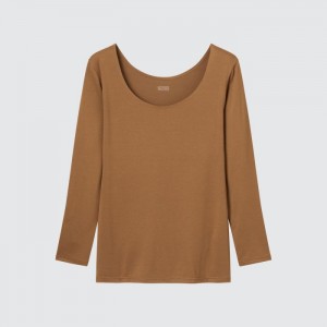 Undershirts Damskie Uniqlo HEATTECH Scoop Neck Long-Sleeve T-Shirt (2022 Edition) Brązowe,Uniqlo Polska | E742074
