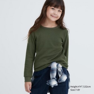Undershirts Dziecięce Uniqlo HEATTECH Cotton Waffle T-Shirt (Extra Warm) Oliwkowe,Uniqlo Polska | O130891