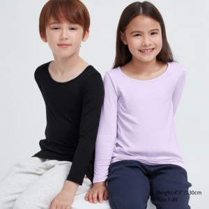 Undershirts Dziecięce Uniqlo HEATTECH Scoop Neck Long-Sleeve T-Shirt Czarne,Uniqlo Polska | F442176