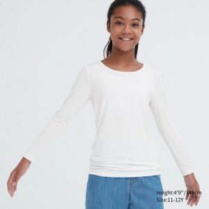 Undershirts Dziecięce Uniqlo HEATTECH Scoop Neck Long-Sleeve T-Shirt Białe,Uniqlo Polska | C362374