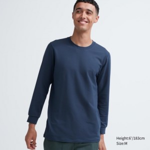 Undershirts Męskie Uniqlo HEATTECH Cotton Crew Neck Long-Sleeve T-Shirt (Extra Warm) Niebieskie,Uniqlo Polska | R793199