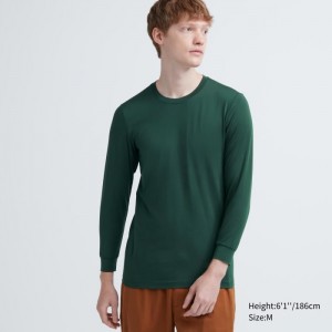 Undershirts Męskie Uniqlo HEATTECH Crew Neck Long-Sleeve T-Shirt Ciemny Zielone,Uniqlo Polska | V416436