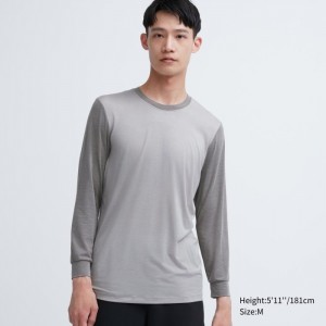 Undershirts Męskie Uniqlo HEATTECH Crew Neck Long-Sleeve T-Shirt (Color Block) Szare,Uniqlo Polska | J668146