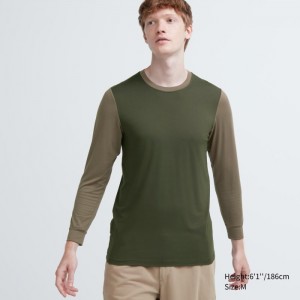 Undershirts Męskie Uniqlo HEATTECH Crew Neck Long-Sleeve T-Shirt (Color Block) Ciemny Zielone,Uniqlo Polska | L770691