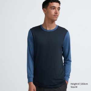 Undershirts Męskie Uniqlo HEATTECH Crew Neck Long-Sleeve T-Shirt (Color Block) Granatowe,Uniqlo Polska | K127165